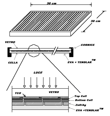 Struttura di un modulo fotovoltaico tandem al silicio amorfo (30x30 cm)